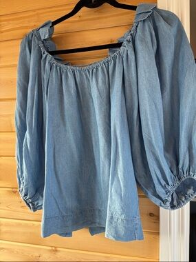 Light Denim Off-Shoulder Peasant Blouse